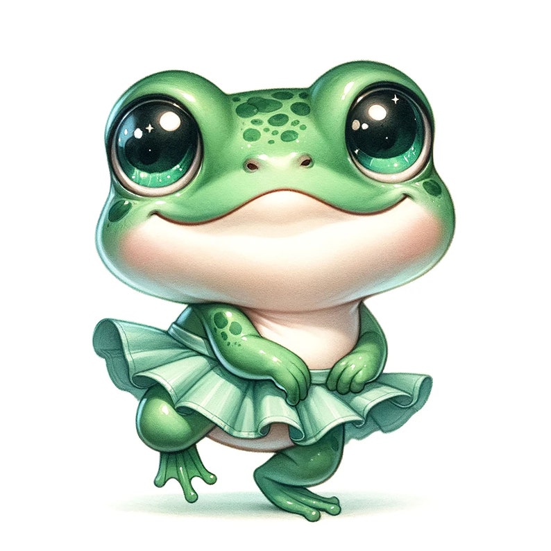 Puede incluir: Una rana verde con grandes ojos brillantes que lleva un tut&uacute; verde claro. La rana est&aacute; de pie sobre sus patas traseras y tiene una expresi&oacute;n feliz.