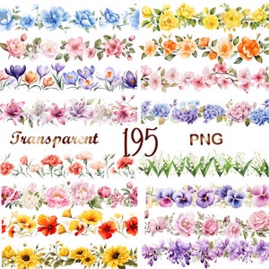 195 PNG Watercolor Floral Clipart bundle, Flowers bouquet Clip art, Wildflowers Border clipart, Frame art,  Digital Download, Commercial Use