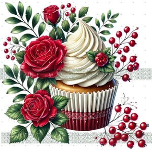 Puede incluir: Un cupcake blanco con glaseado rojo y blanco est&aacute; decorado con rosas rojas y bayas rojas. El cupcake est&aacute; sobre un fondo blanco.