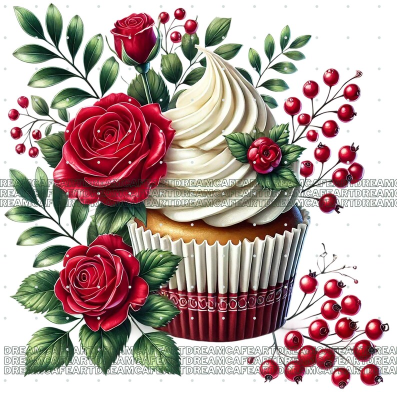 Puede incluir: Un cupcake blanco con glaseado rojo y blanco est&aacute; decorado con rosas rojas y bayas rojas. El cupcake est&aacute; sobre un fondo blanco.