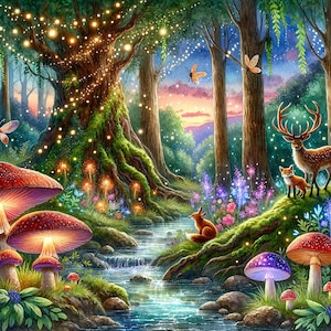 May include: A magical forest scene with a large tree adorned with twinkling lights, a stream flowing through the center, and a variety of mushrooms and flowers. Two foxes and a deer are visible in the background.