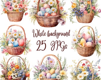 Watercolor Wildflower Easter basket Clipart, 25 Spring Flowers JPGs, Mixed Media,Digital Paper Craft,Commercial use,Digital Download,