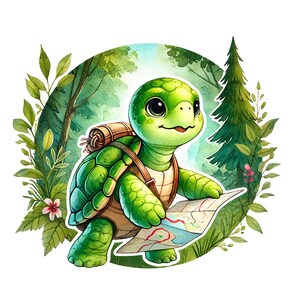 May include: A green turtle with a brown backpack and a map in its hand walks through a green forest. The turtle is smiling and looks happy to be on an adventure.