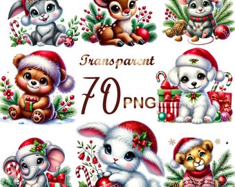 70 PNG,Cute Christmas Animals Clipart bundle,Winter Animals Clipart,Animals designs,Christmas Winter designs,Commercial Use,Digital Download