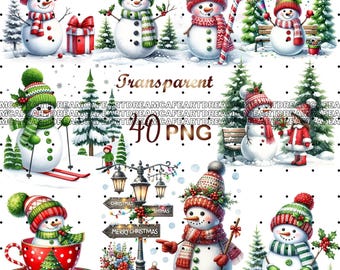 40PNG Watercolor Snowman Cuteness Clipart Bundle, Christmas Holiday Digital Download Clipart, Snowman Clipart Bundle, Commercial Use