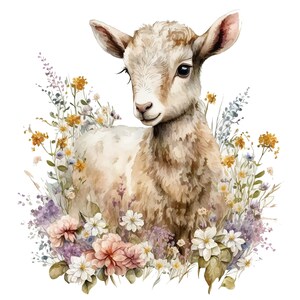 Op de afbeelding: Waterverfillustratie van een lam omringd door kleurrijke wilde bloemen. Het lam heeft zacht, lichtbruin haar en grote, donkere ogen. De bloemen bevatten tinten geel, paars, roze en wit, wat een grillige en charmante sc&egrave;ne cre&euml;ert.