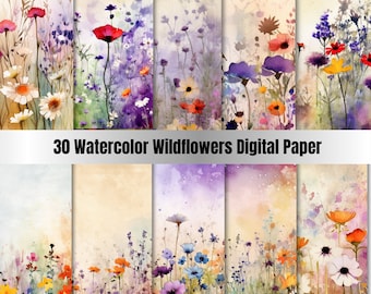 30 Watercolor Wildflowers Digital Paper Set, Spring Flowers Junk Journal Paper, Printable Spring Meadow, Digital Scrapbooking