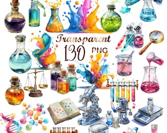 Watercolor Science Lab Clipart Bundle – 130 PNGs | Chemistry, STEM, Test Tubes, Beakers, Microscope | Commercial Use | DigitalDownload
