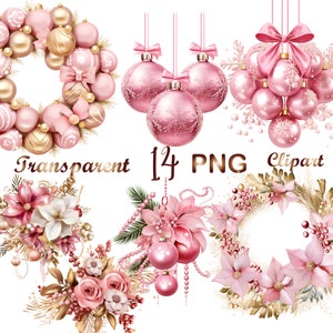 14 Pink Christmas Decoration png, Bauble  png, Watercolor Christmas Bauble png, Mixed Media,Digital Paper Craft,Sublimation,Commercial USe