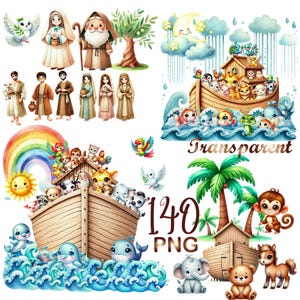 140 PNG Watercolor Noah&#39;s Ark Clipart Bundle – Christian Digital Download, Bible Story Clipart, Nursery Wall Art, Commercial Use