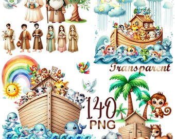 140 PNG Watercolor Noah's Ark Clipart Bundle – Christian Digital Download, Bible Story Clipart, Nursery Wall Art, Commercial Use