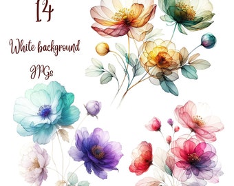 14 JPGs, Abstract Flowers Clipart bundle, Dried Flowers, set2, Printable Watercolor clipart, Digital download, Paper craft, junk journals