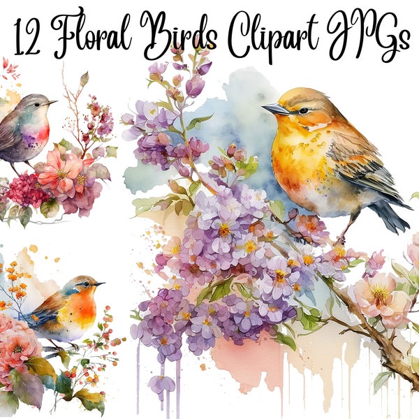 12 Floral Bird Clipart, JPGs, Digital Download, Card Making, Clip Art, Digital Paper Craft, Floral Birds watercolor, Birds illustration
