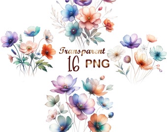 16 PNGs, Abstract Flowers Clipart bundle, Dried Flowers, Printable Watercolor clipart, Digital download, Paper craft, junk journals