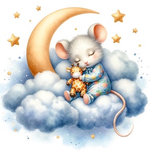 May include: A white mouse with closed eyes sleeps on a blue cloud with a crescent moon behind it. The mouse is holding a small stuffed giraffe. There are yellow stars scattered around the cloud.