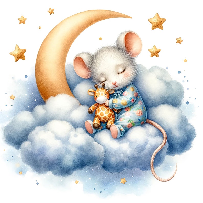 May include: A white mouse with closed eyes sleeps on a blue cloud with a crescent moon behind it. The mouse is holding a small stuffed giraffe. There are yellow stars scattered around the cloud.