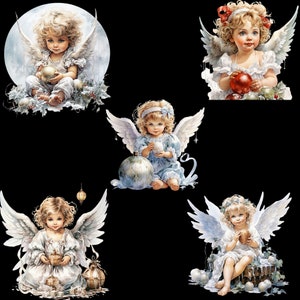 May include: Five angels with white wings and blue dresses hold Christmas ornaments. The angels have blonde hair and are depicted in a whimsical style.