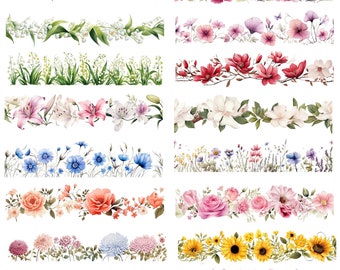 60 PNG Blumenrand, Florale Clipart, Nahtlose Blumenrand, Wildblumen Clip Art, Wildblumen Rahmen, Sublimation, png, Sublimation png
