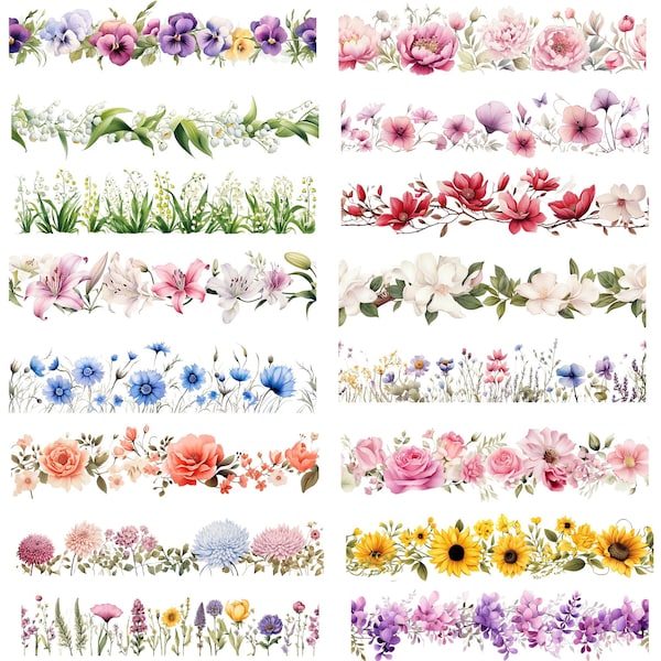 60 PNG Flower Border, Imágenes prediseñadas florales, Borde de flores sin costuras, clip art de flores silvestres, marco de flores silvestres, sublimación, png, sublimación png