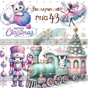 May include: A Christmas-themed illustration featuring a toy train with a nutcracker conductor, a bunny rabbit in the passenger car, and a Christmas tree with ornaments. The train is decorated with pink and blue accents, and the background is a snowy winter scene.