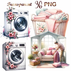 May include: Two white washing machines with a floral design, a wicker basket filled with pink and white linens, and a room with a window, a couch, and a person folding a blanket.