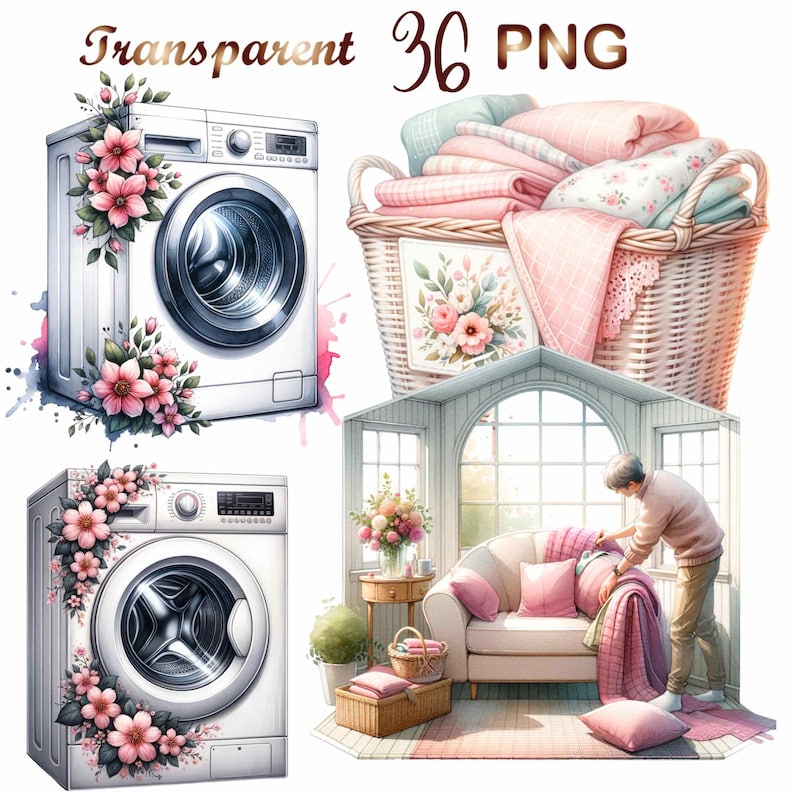 May include: Two white washing machines with a floral design, a wicker basket filled with pink and white linens, and a room with a window, a couch, and a person folding a blanket.