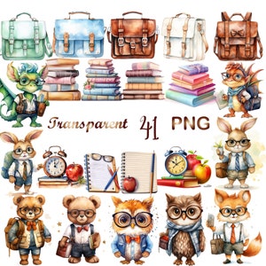 41 PNG, Watercolor Back to School, PNG, Transparent background, ideal for planners, stationery and invitations, commercial use