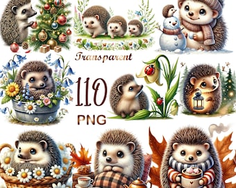110 PNG Hedgehog Clipart Bundle, Cute Hedgehog Graphics, Illustrations & Designs, Woodland Animal Clip Art, Digital Download, Commercial Use
