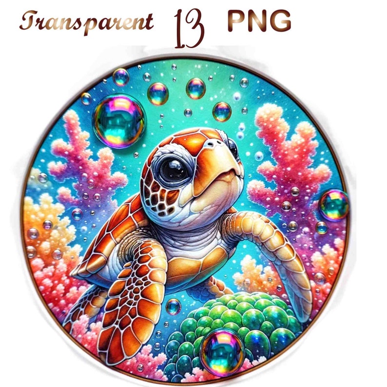 May include: A cartoon illustration of a baby sea turtle swimming in a colorful underwater scene with coral and bubbles. The turtle has a brown shell with orange accents and large, dark eyes.