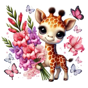 Op de afbeelding: Een schattige cartoon-giraffe met grote ogen houdt een boeket met roze, paarse en witte bloemen vast. Vlinders met roze en blauwe vleugels vliegen rond de giraffe.