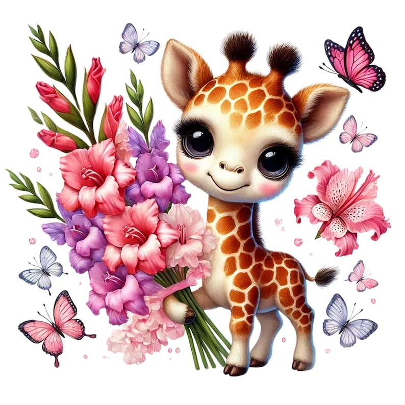 Op de afbeelding: Een schattige cartoon-giraffe met grote ogen houdt een boeket met roze, paarse en witte bloemen vast. Vlinders met roze en blauwe vleugels vliegen rond de giraffe.