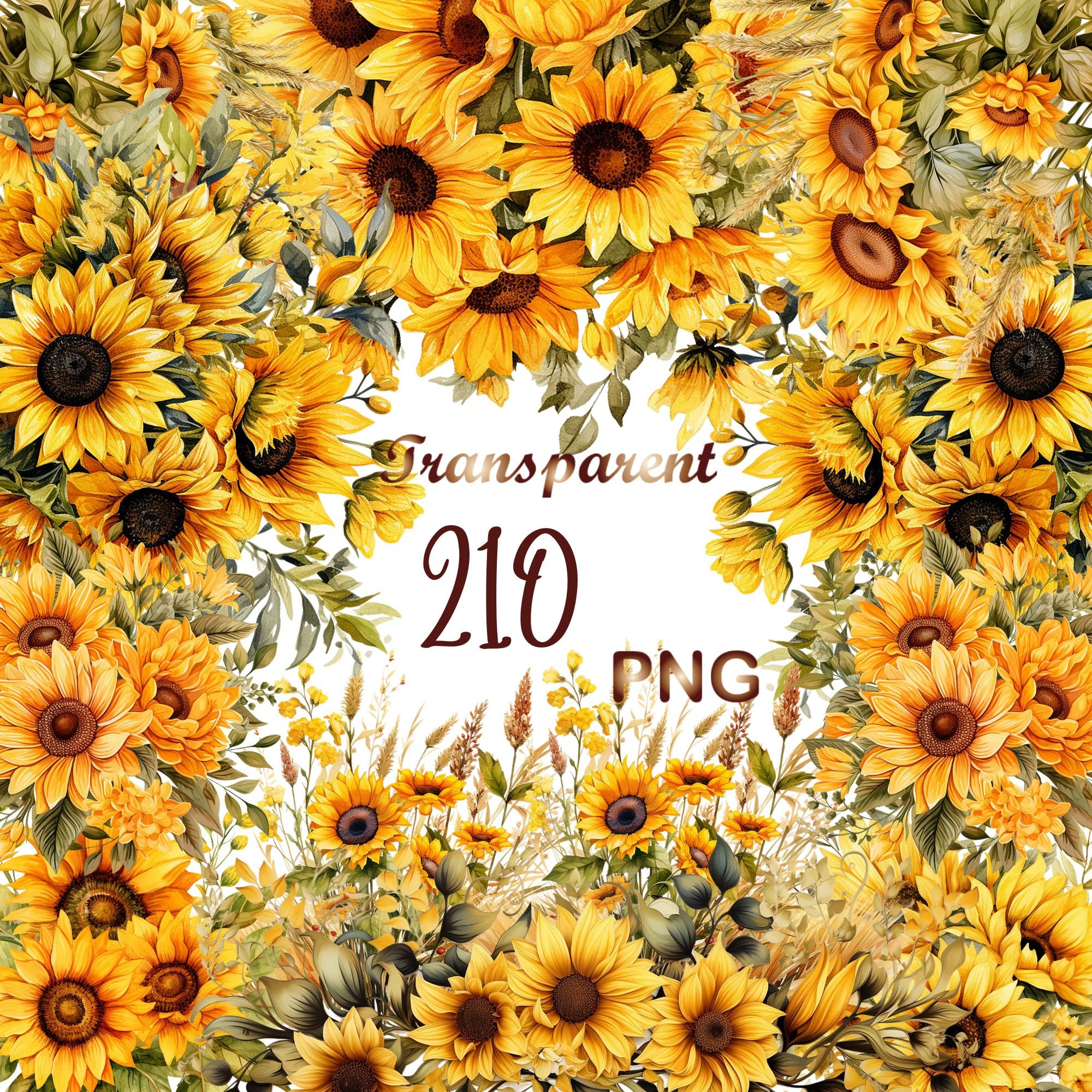 210 PNG, Watercolor sunflowers clipart bundle, sunflower wreath, floral clip art, sunflower sublimation, commercial use, digital download