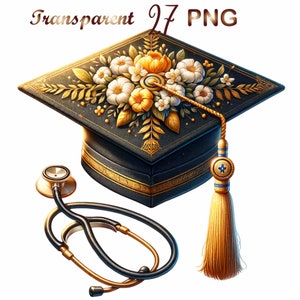 May include: A black graduation cap decorated with gold trim and a floral design featuring white and yellow flowers. A black stethoscope with a gold rim is lying on a white background.
