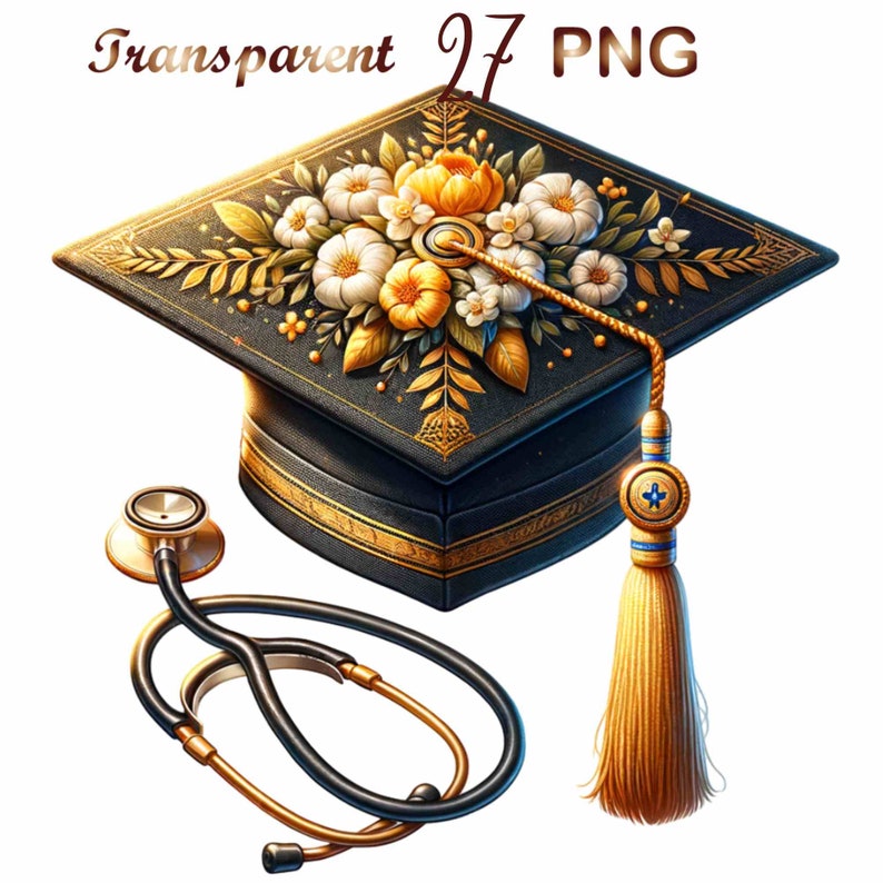 May include: A black graduation cap decorated with gold trim and a floral design featuring white and yellow flowers. A black stethoscope with a gold rim is lying on a white background.