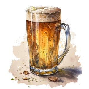 Pu&ograve; includere: Una boccale di vetro riempita di birra color ambrato dorato con una testa di schiuma bianca. Il boccale ha un manico e si trova su una superficie marrone con alcuni piccoli quadrati di cioccolato sparsi intorno.