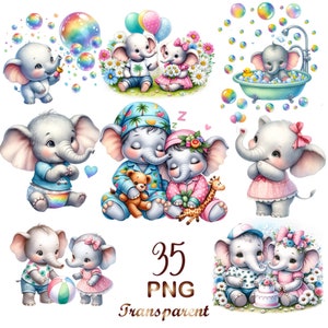 35 PNG,Cute elephant clipart bundle,baby boy elephant illustration,cute pink baby girl elephan, nursery elephant,blue,sliver baby elephant