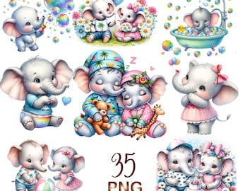 35 PNG,Cute elephant clipart bundle,baby boy elephant illustration,cute pink baby girl elephan, nursery elephant,blue,sliver baby elephant