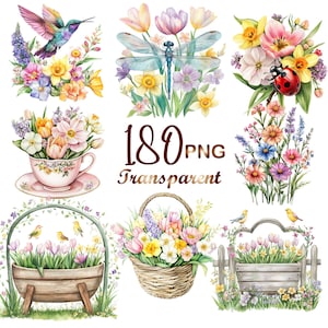 May include: A set of 10 watercolor illustrations featuring spring flowers, a hummingbird, a dragonfly, a ladybug, and birds. The illustrations are on a white background and are perfect for crafting, scrapbooking, or digital design.