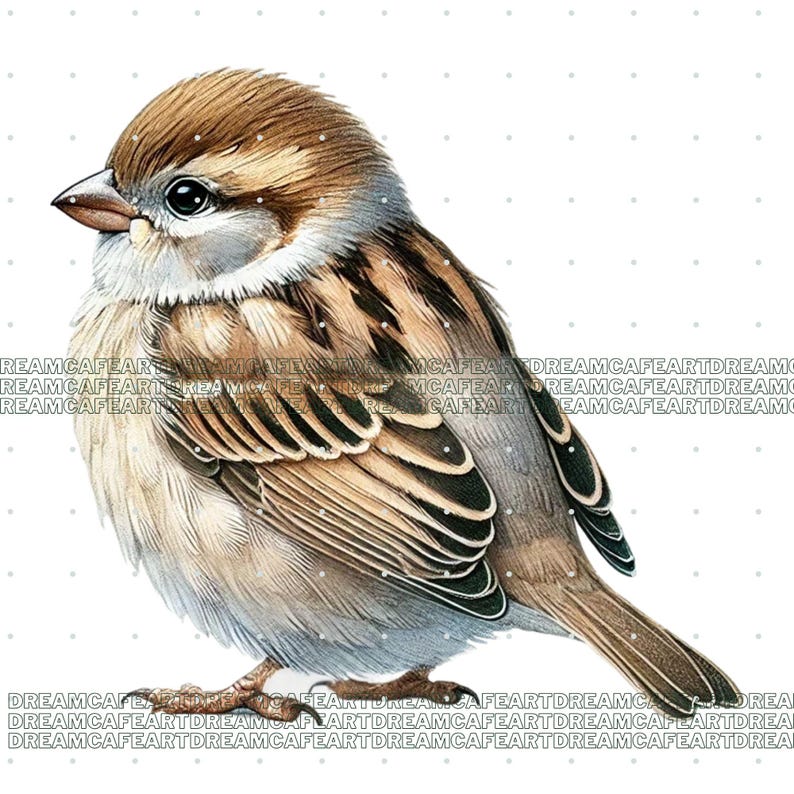 Puede incluir: Ilustraci&oacute;n detallada de un gorri&oacute;n, con plumas marrones, beige y grises. El ave se representa de perfil, destacando su ojo, pico y los intrincados patrones de sus alas. La obra tiene una calidad suave, similar a la acuarela.