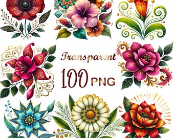 100 PNG, Mexican Flower Clipart  bundle, Aztec Mexican Flower  clipart bundle, Mexican Floral clipart bundle, Commercial use