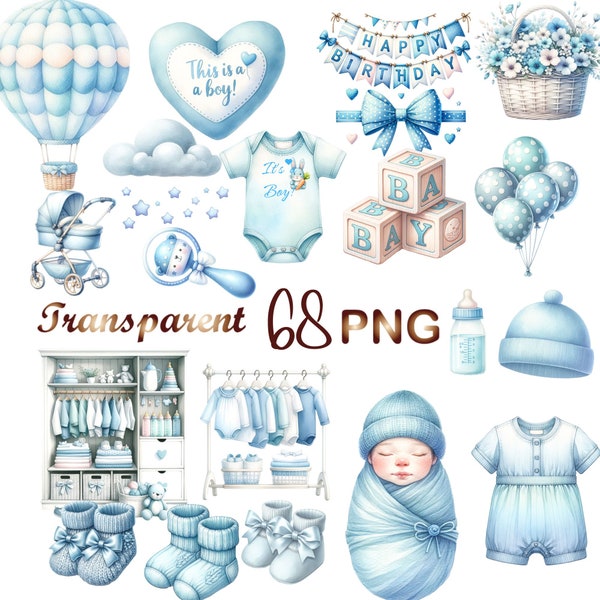 68 PNG, Boy Babyshower Clipart bundle, It's a Boy png files, Blue Boy shower png, gender reveal party, Boy baby birthday,Comercial use