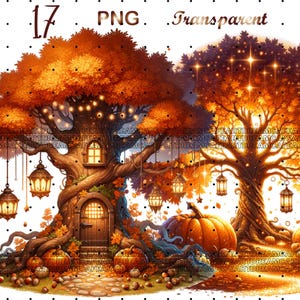 May include: A digital illustration of two whimsical trees with autumn foliage. One tree has a small house built into its trunk, with a door and window. Lanterns hang from the branches, and a large pumpkin sits at the base. The image includes the text "17 PNG Transparent".