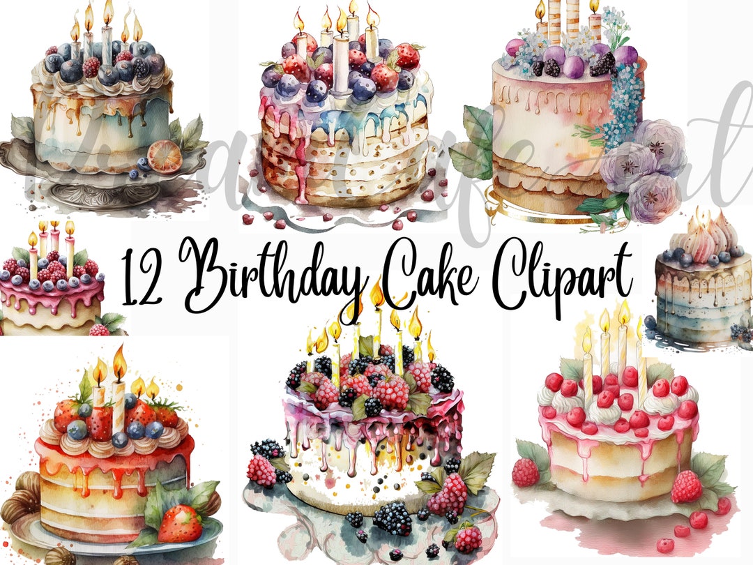 12 Colourful Birthday Cake Clipart - High Quality Jpgs - Digital ...
