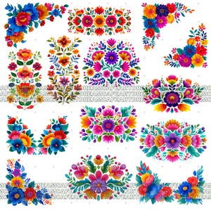 May include: A selection of colourful floral designs. The images showcase diverse arrangements of flowers in shades of blue, red, orange, yellow, and purple. These designs are suitable for various craft projects, including digital art and scrapbooking.