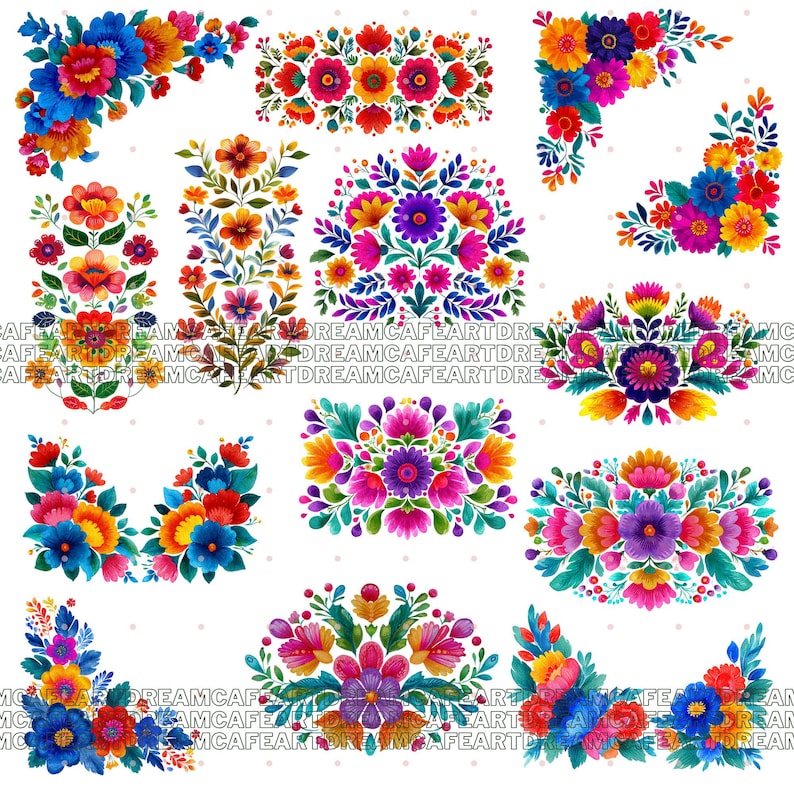 May include: A selection of colourful floral designs. The images showcase diverse arrangements of flowers in shades of blue, red, orange, yellow, and purple. These designs are suitable for various craft projects, including digital art and scrapbooking.