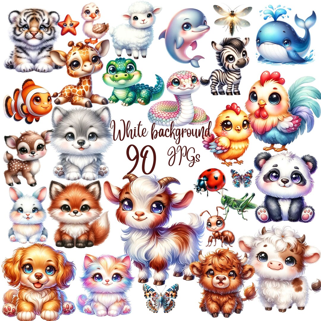 90 JPG, Watercolor Baby Animals Bundle, Cute Animal Clipart, Watercolor ...