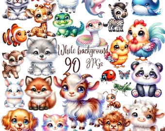 90 JPG, Watercolor Baby Animals bundle, Cute Animal Clipart, Watercolor Cute Animal Clipart, Nursery Print, Digital Download, Commercial Use