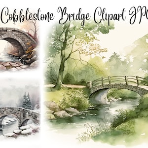 May include: Three watercolor paintings of stone bridges over streams. The first bridge is in a forest setting with fall foliage. The second bridge is in a green forest setting. The third bridge is in a snowy winter setting.