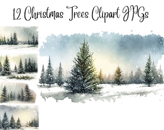 11 Watercolor Christmas Tree Clipart, High Quality JPGs,Digital Download,Card Making,Mixed Media,Digital Paper Craft, Christmas clipart
