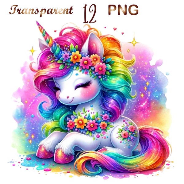 12 PNG Baby Unicorn Watercolor Clipart, Unicorn Сlip art, cute Unicorn, Baby Unicorn png, Unicorn clip art, Rainbow unicorn, commercial use